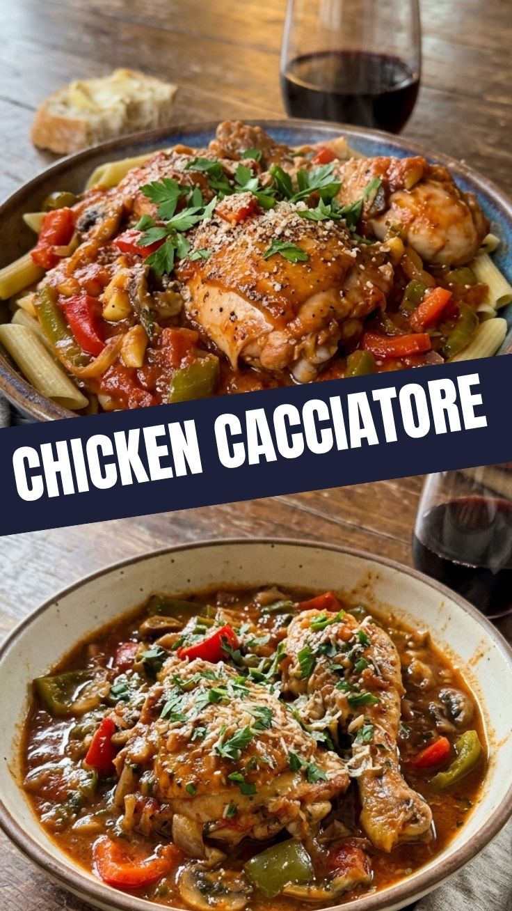 A bowl of chicken cacciatore with rich tomato sauce