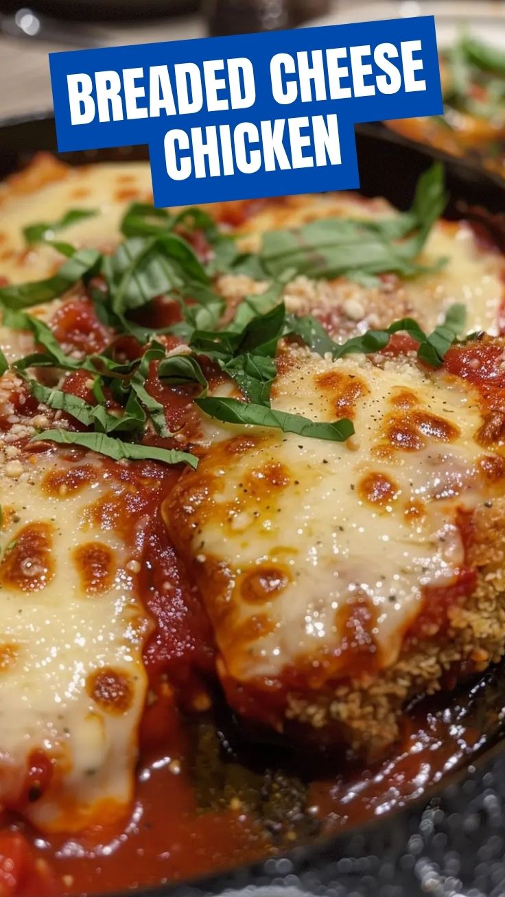 A vibrant dish of chicken parmesan topped with melted cheese and fresh herbs.