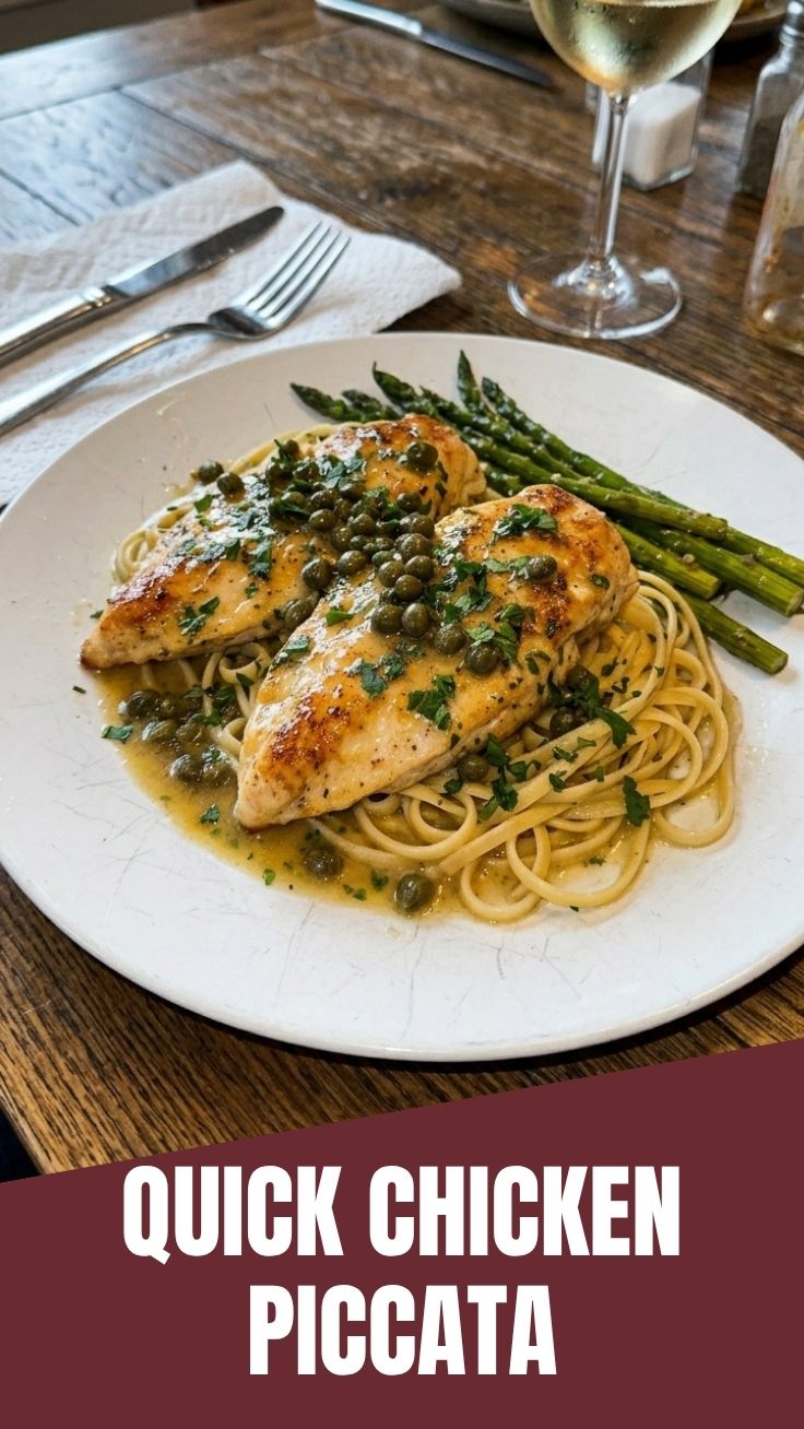 A plate of classic Chicken Piccata with lemon slices and capers.