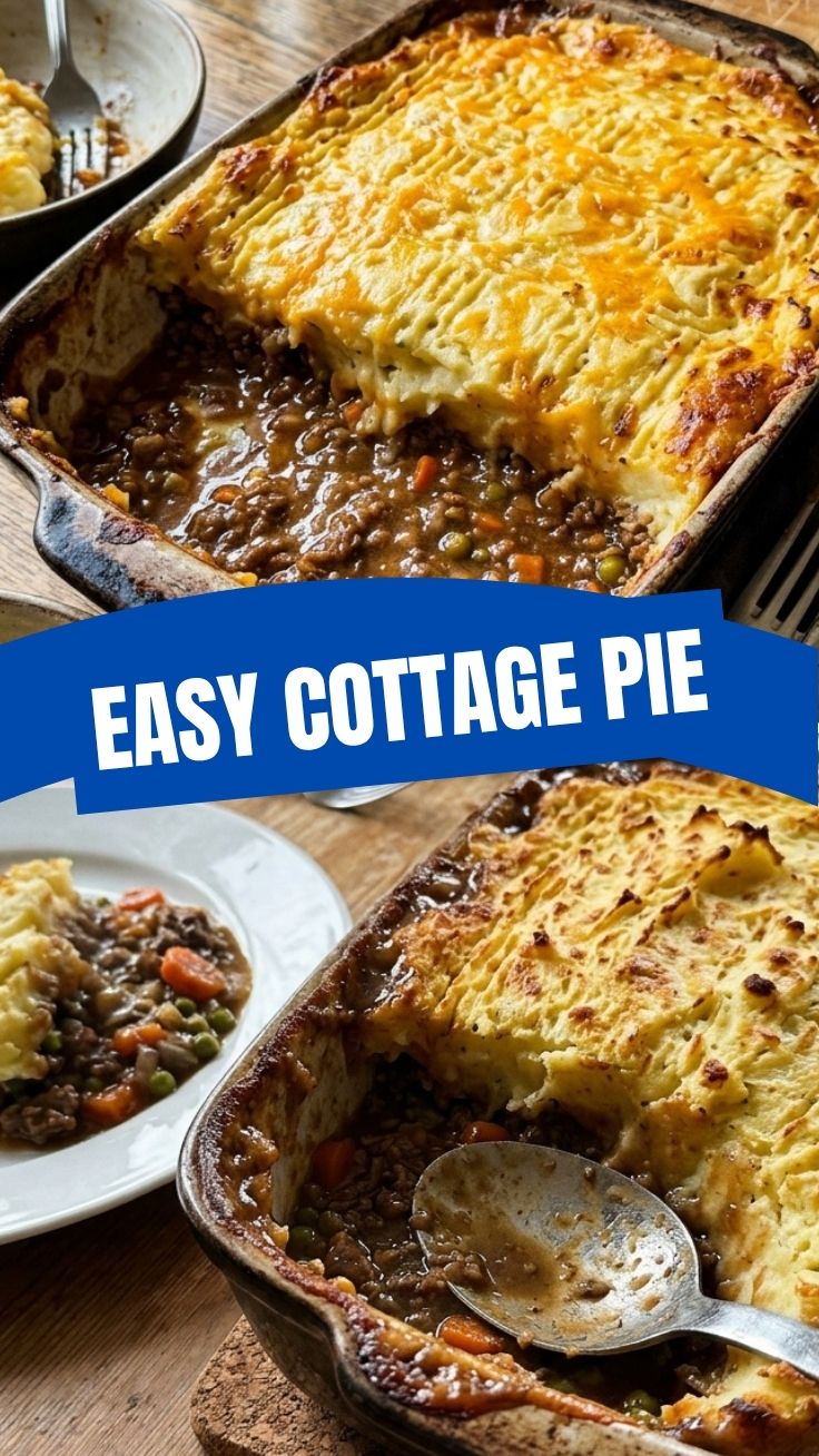 A savory cottage pie, also known as shepherd's pie with beef, topped with mashed potatoes.