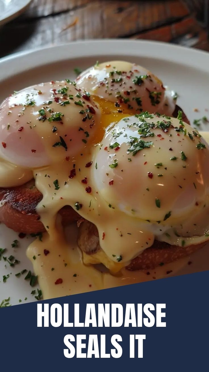 A serving of classic Eggs Benedict with perfectly poached eggs and hollandaise sauce.