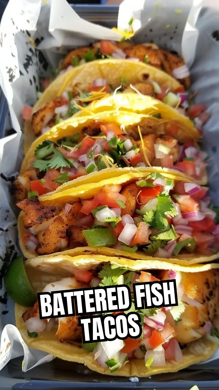 A serving of delicious Baja-style fish tacos, garnished with fresh cilantro and lime.