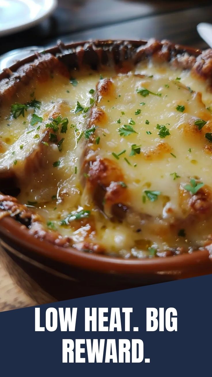 A steaming bowl of French Onion Soup topped with melted Gruyere cheese and croutons