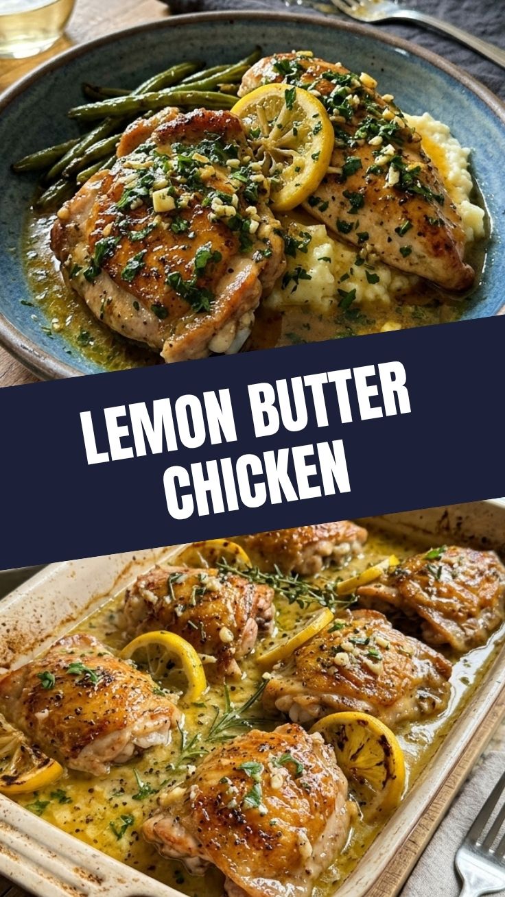 A savory dish of lemon butter chicken, garnished with fresh herbs.