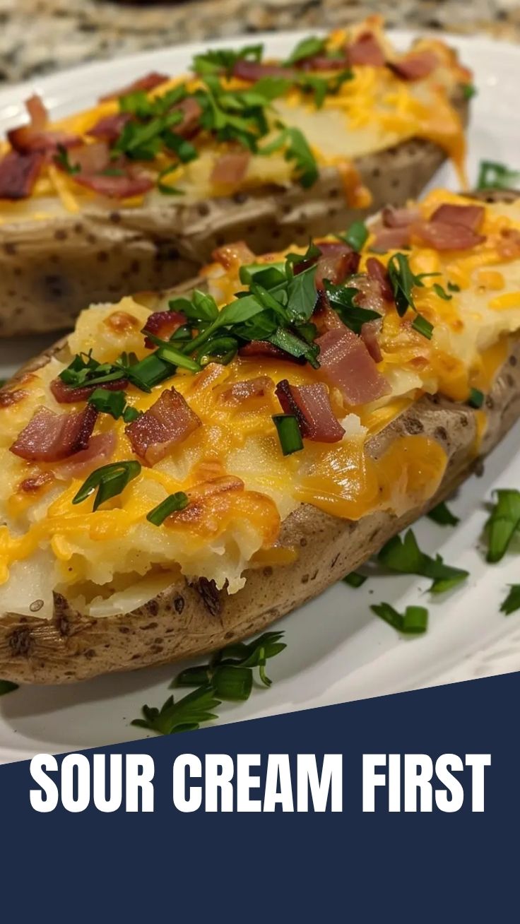 A loaded baked potato topped with cheese, bacon, and chives