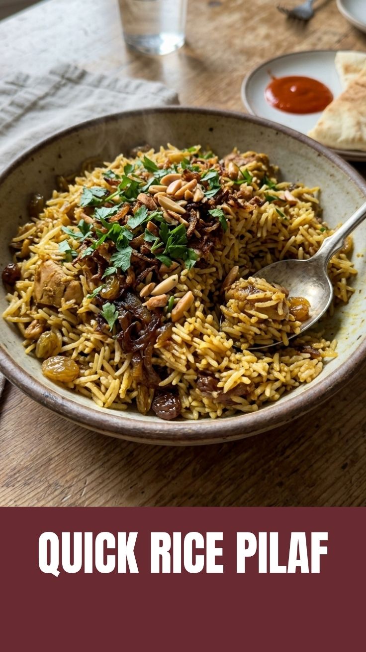 A steaming bowl of savory rice pilaf, garnished with fresh herbs.