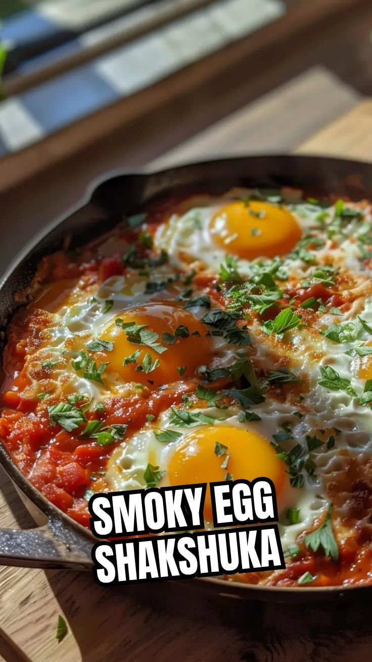 A vibrant shakshuka dish with poached eggs, tomatoes, and spices in a pan