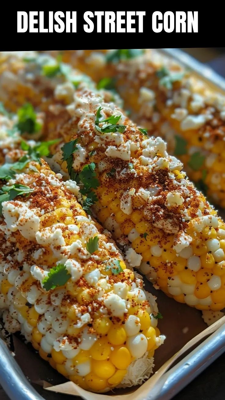 Close-up of a grilled street corn cob generously topped with cojita cheese, mayonnaise, and chili powder