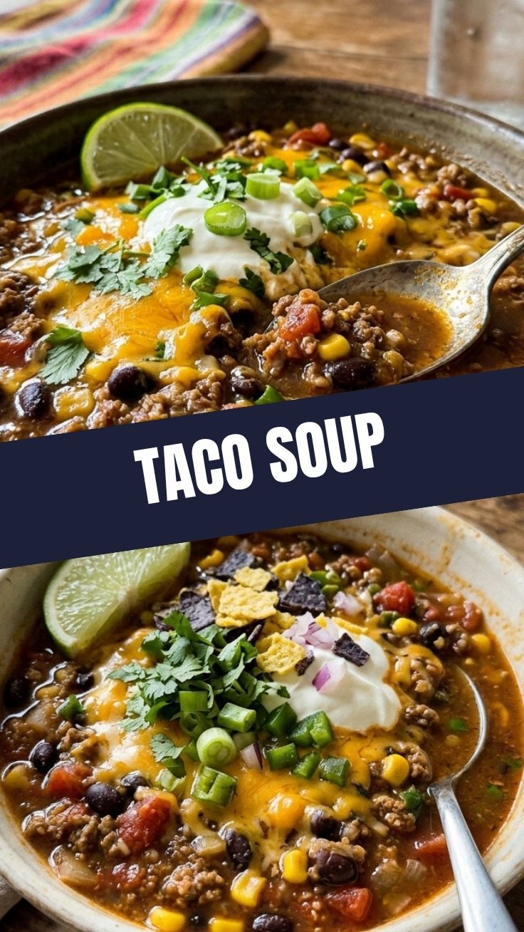 A steaming bowl of savory taco soup, garnished with fresh cilantro and sour cream.