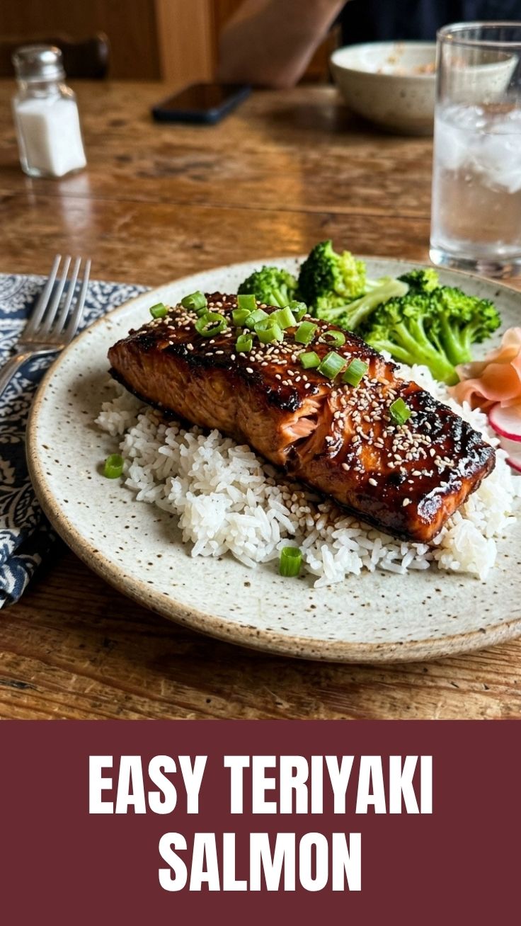 A perfectly glazed teriyaki salmon fillet, ready to serve.