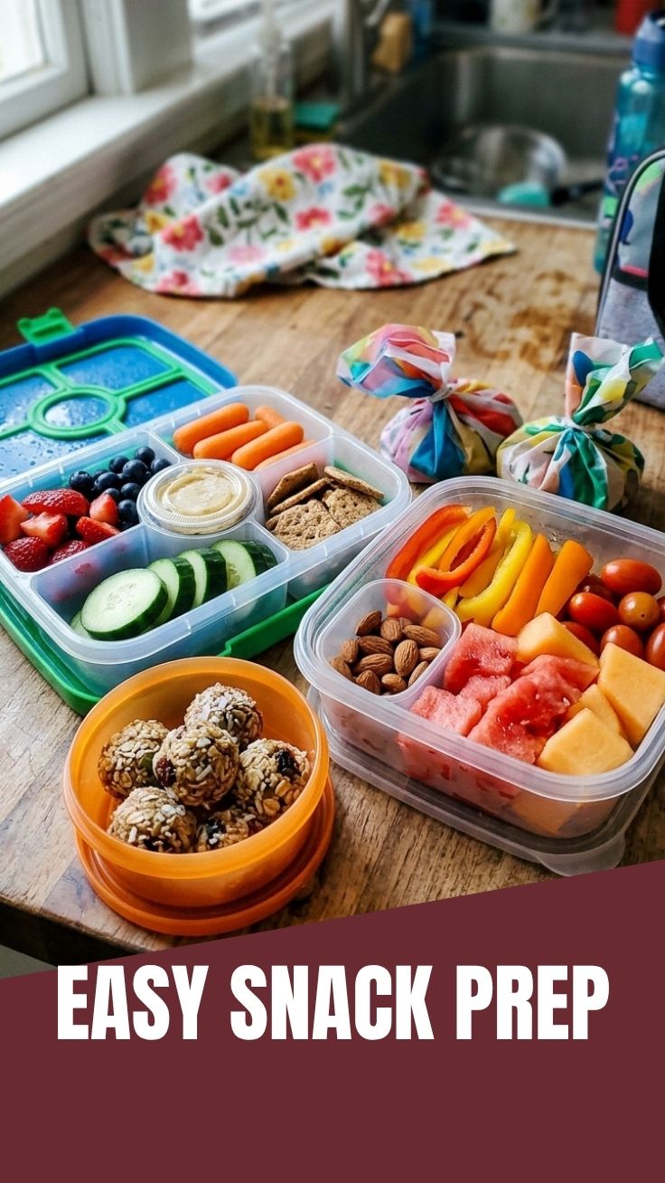 A variety of healthy school snack prep items laid out on a clean surface