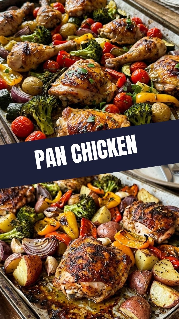 A colorful sheet pan chicken and vegetables dish, cooked and ready to serve.