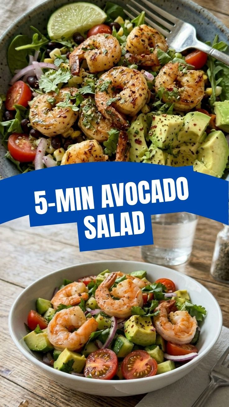 A vibrant bowl of fresh shrimp avocado salad with mixed greens.
