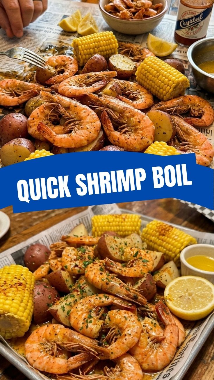 A vibrant shrimp boil platter, brimming with perfectly cooked shrimp, corn, and potatoes.