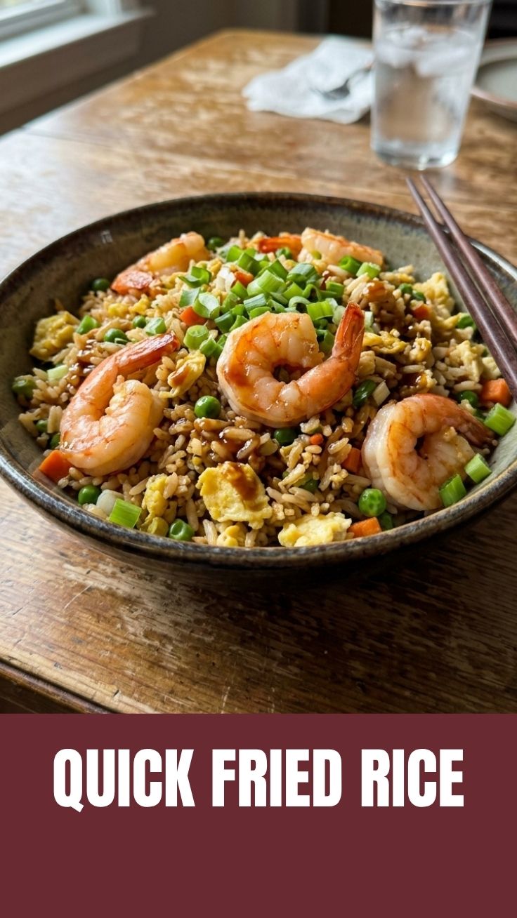 A vibrant bowl of shrimp fried rice with mixed vegetables and succulent shrimp.