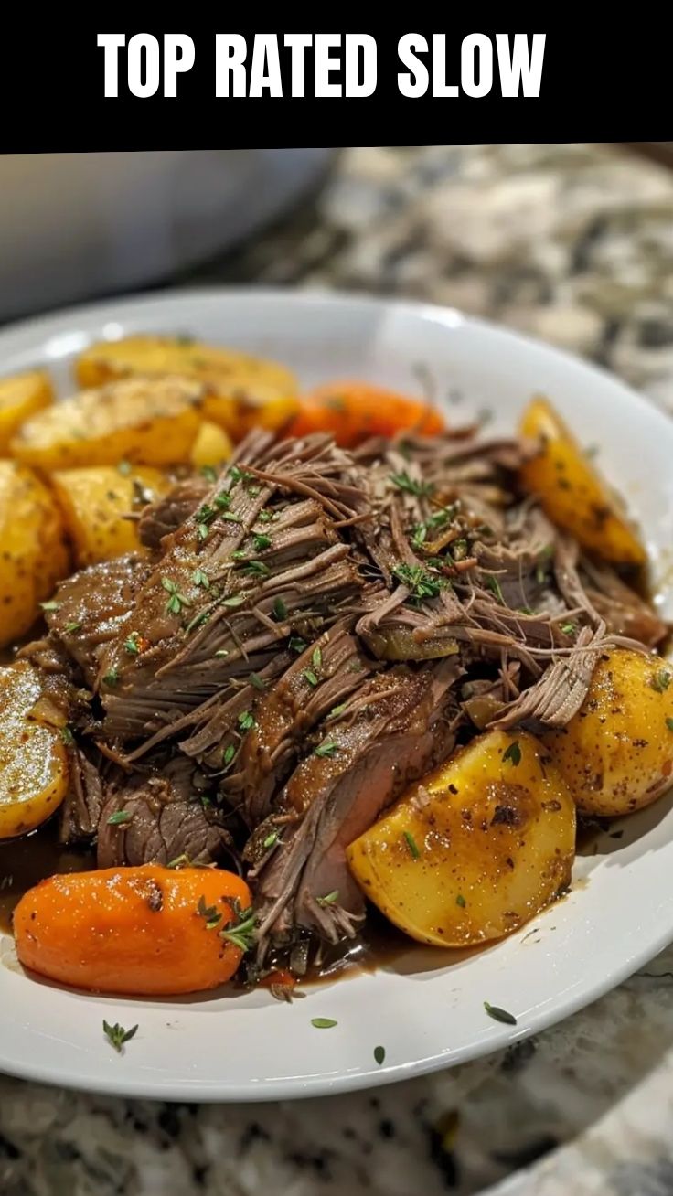 A slow cooker pot roast with carrots, potatoes, and herbs