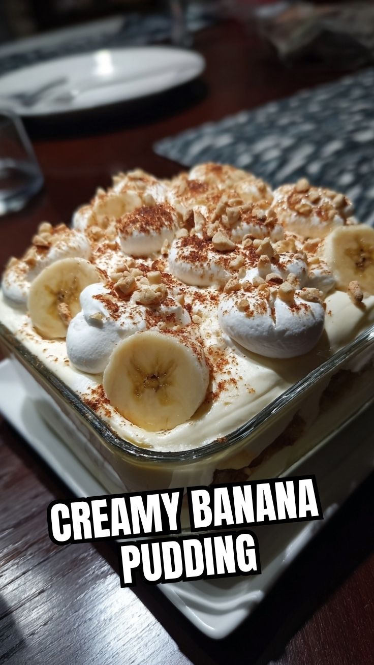 A creamy dish of traditional Southern banana pudding topped with meringue.