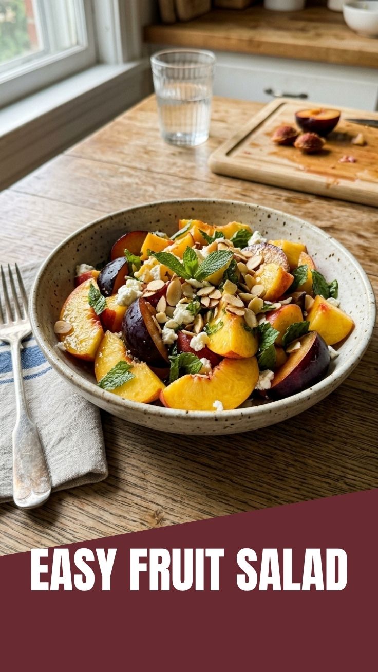 A colorful stone fruit salad featuring peaches and plums in a bowl.