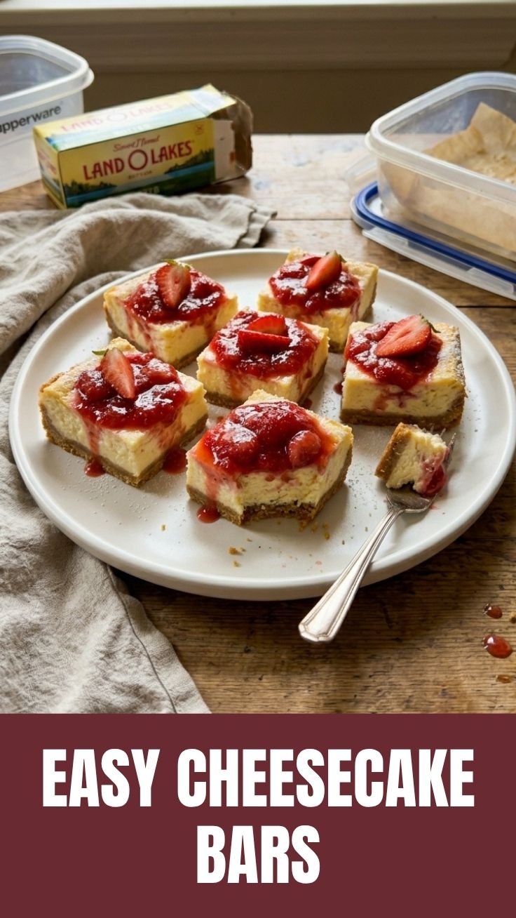 A close-up shot of decadent strawberry cheesecake bars with a crumbly crust.