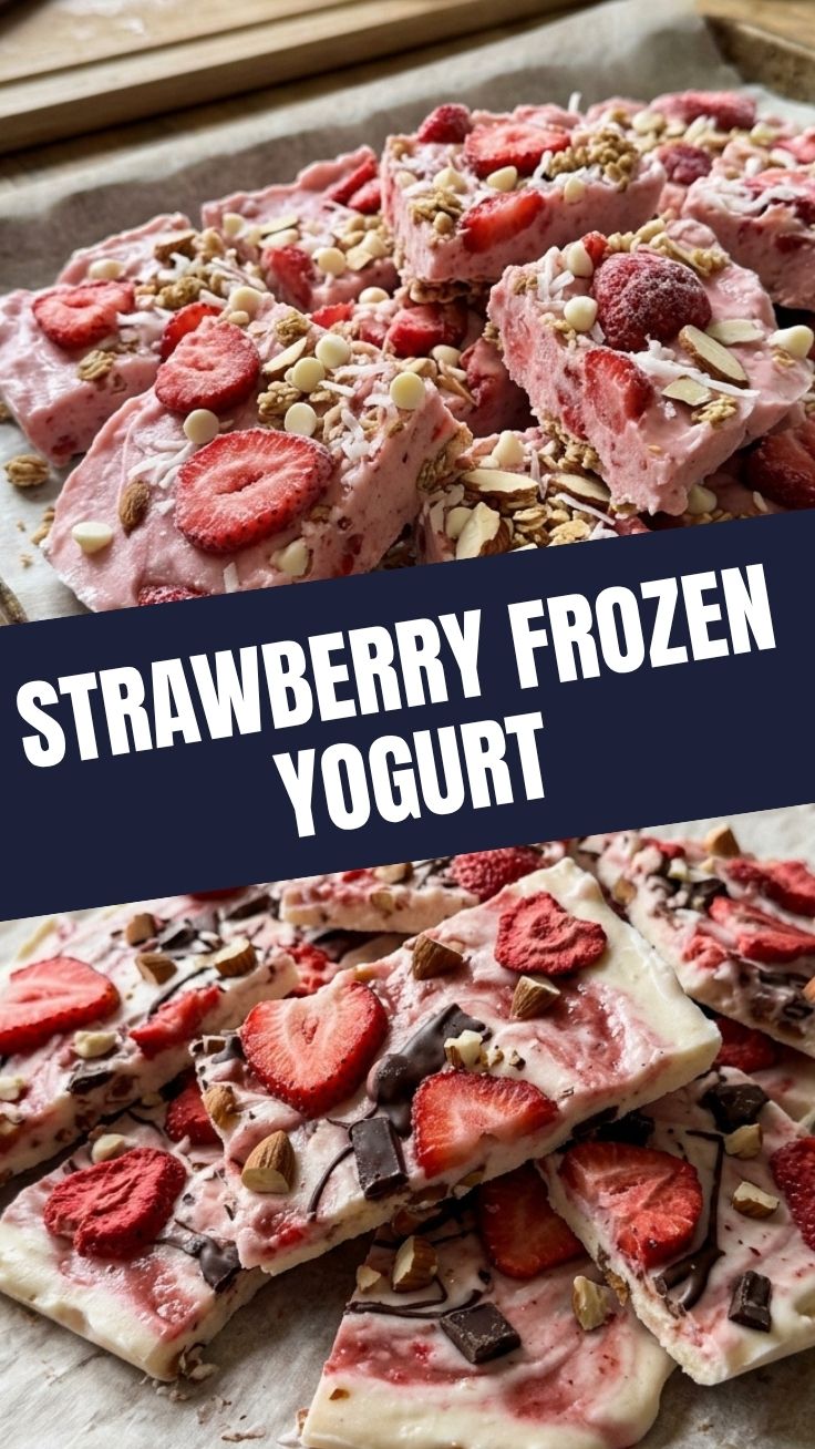 Close-up of strawberry frozen yogurt bark with chunks of fresh strawberries