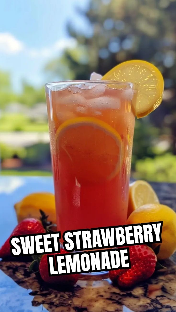 A refreshing glass of strawberry lemonade with ice and real fruit slices