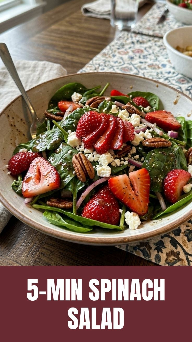 A refreshing strawberry spinach salad with nuts and dressing