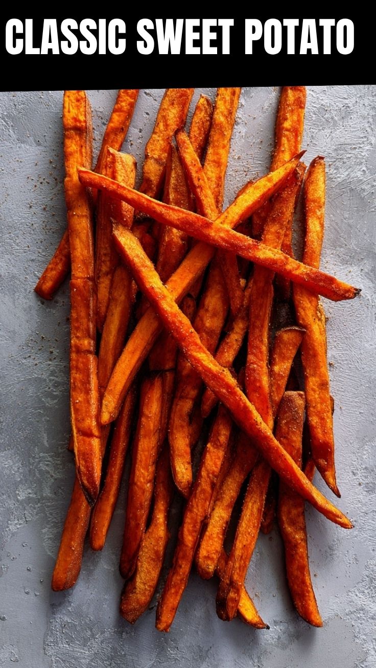 A close-up of crispy, seasoned sweet potato fries piled high