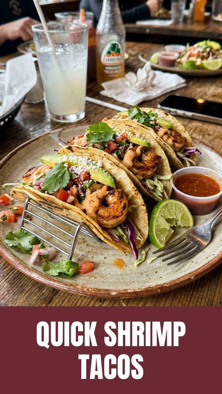 Delicious shrimp tacos with fresh toppings on a white plate.