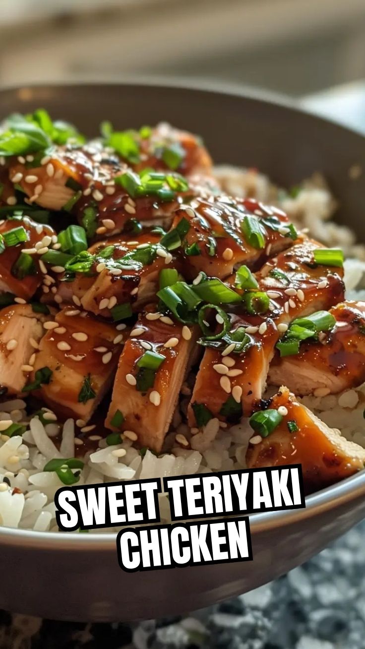 A close-up of delicious teriyaki chicken glazed with a savory sauce and garnished.
