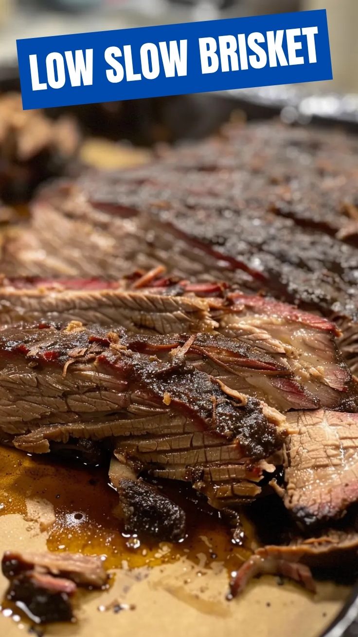 A thick, juicy cut of Texas style BBQ brisket with a perfect smoke ring