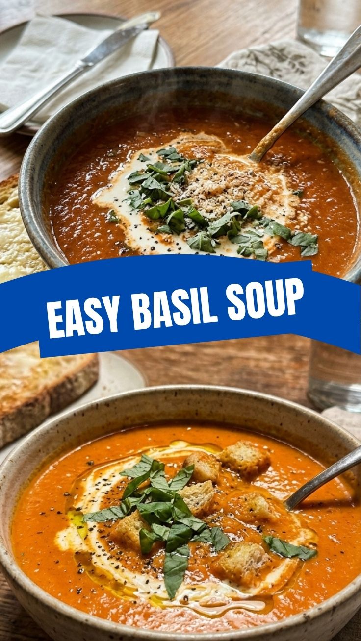 A steaming bowl of red tomato basil soup with fresh basil leaves on top