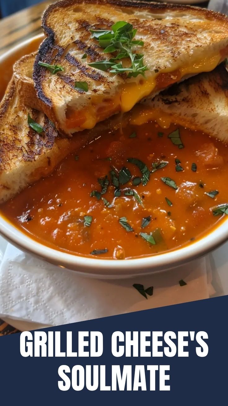 A hot bowl of tomato soup paired with a crispy grilled cheese sandwich.