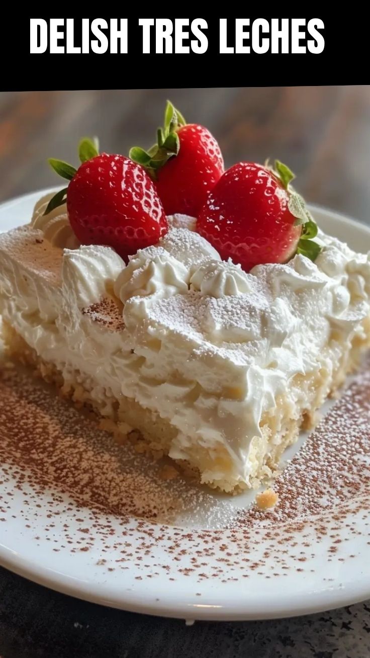 A delectable slice of Tres Leches cake with a pristine white topping.