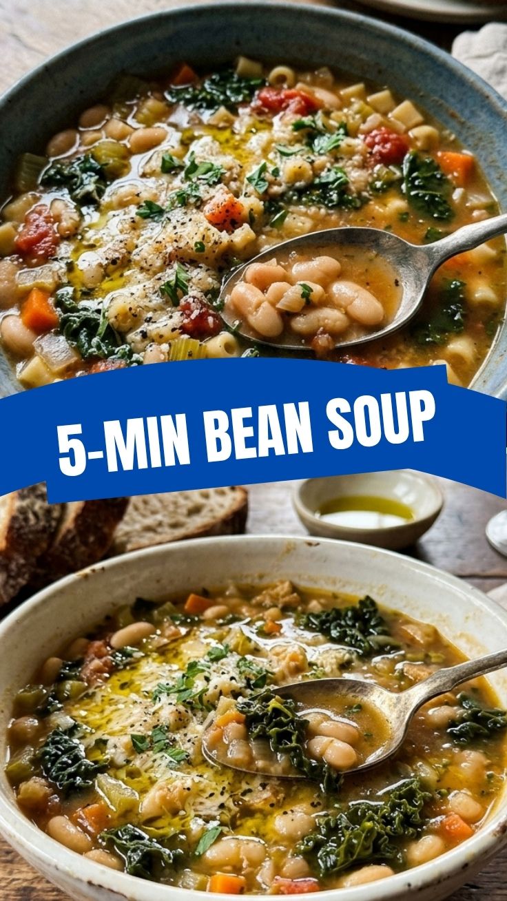 A rustic bowl of Tuscan white bean soup with fresh herbs