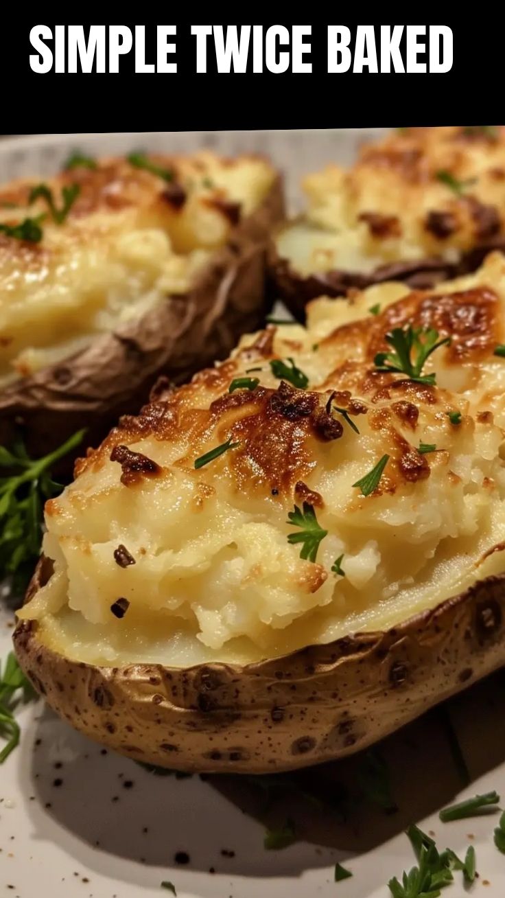 A golden brown twice baked potato garnished with chives.