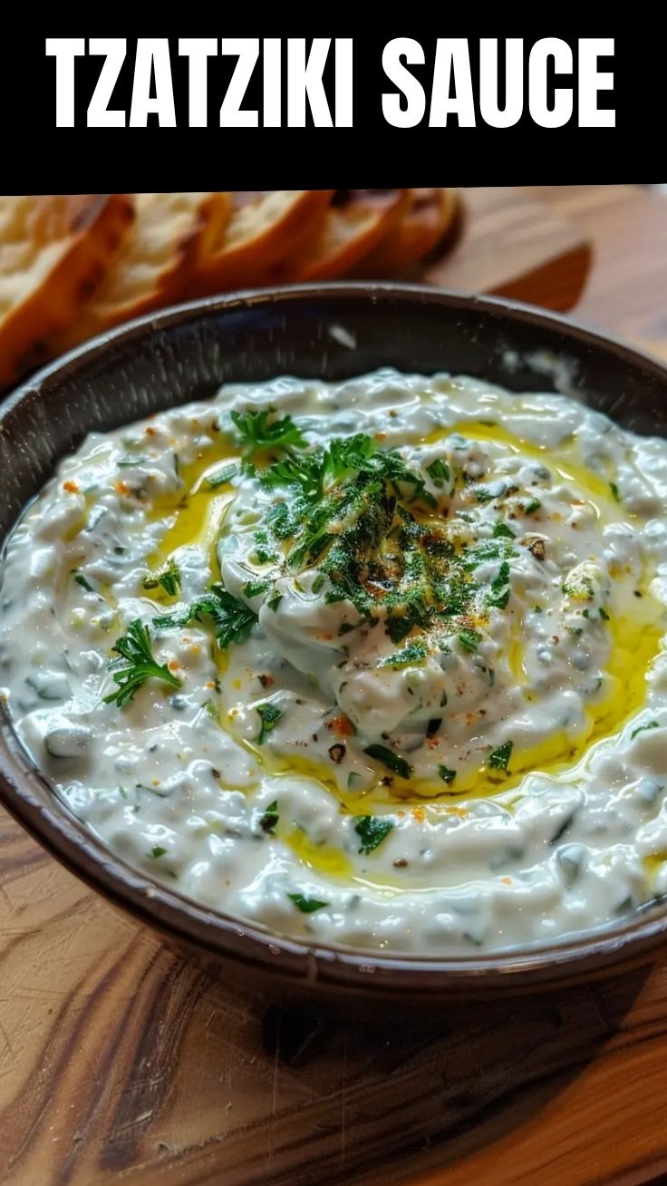 A bowl of fresh Tzatziki sauce garnished with dill.