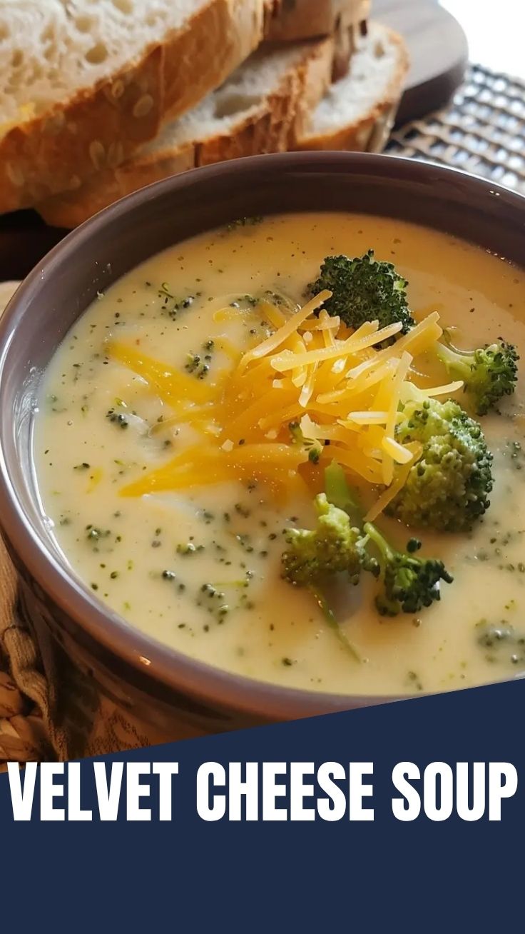 A bowl of warm broccoli cheddar soup with fresh broccoli florets