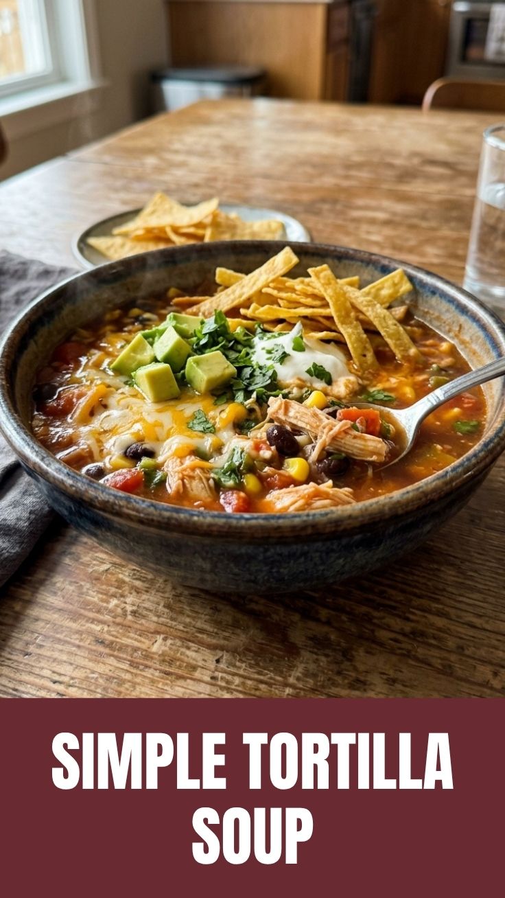 A steaming bowl of chicken tortilla soup garnished with fresh avocado and cilantro.