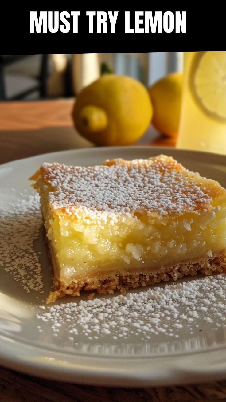 A platter of golden lemon bars with a dusting of powdered sugar.