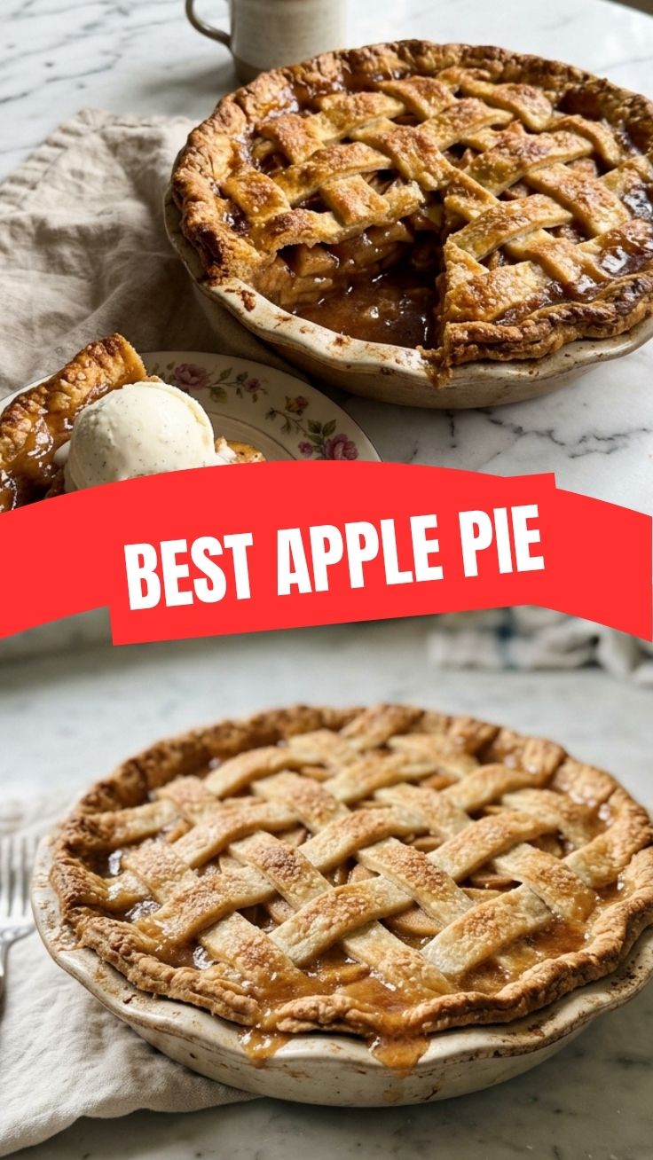 A perfectly baked apple pie with a golden, flaky crust on a cooling rack.