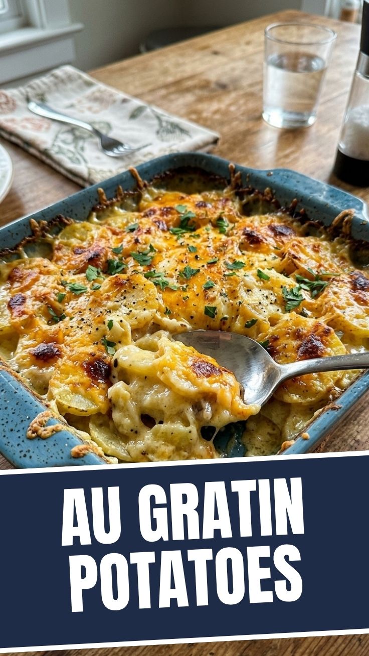 Delicious Au Gratin Potatoes, golden brown and bubbly from the oven
