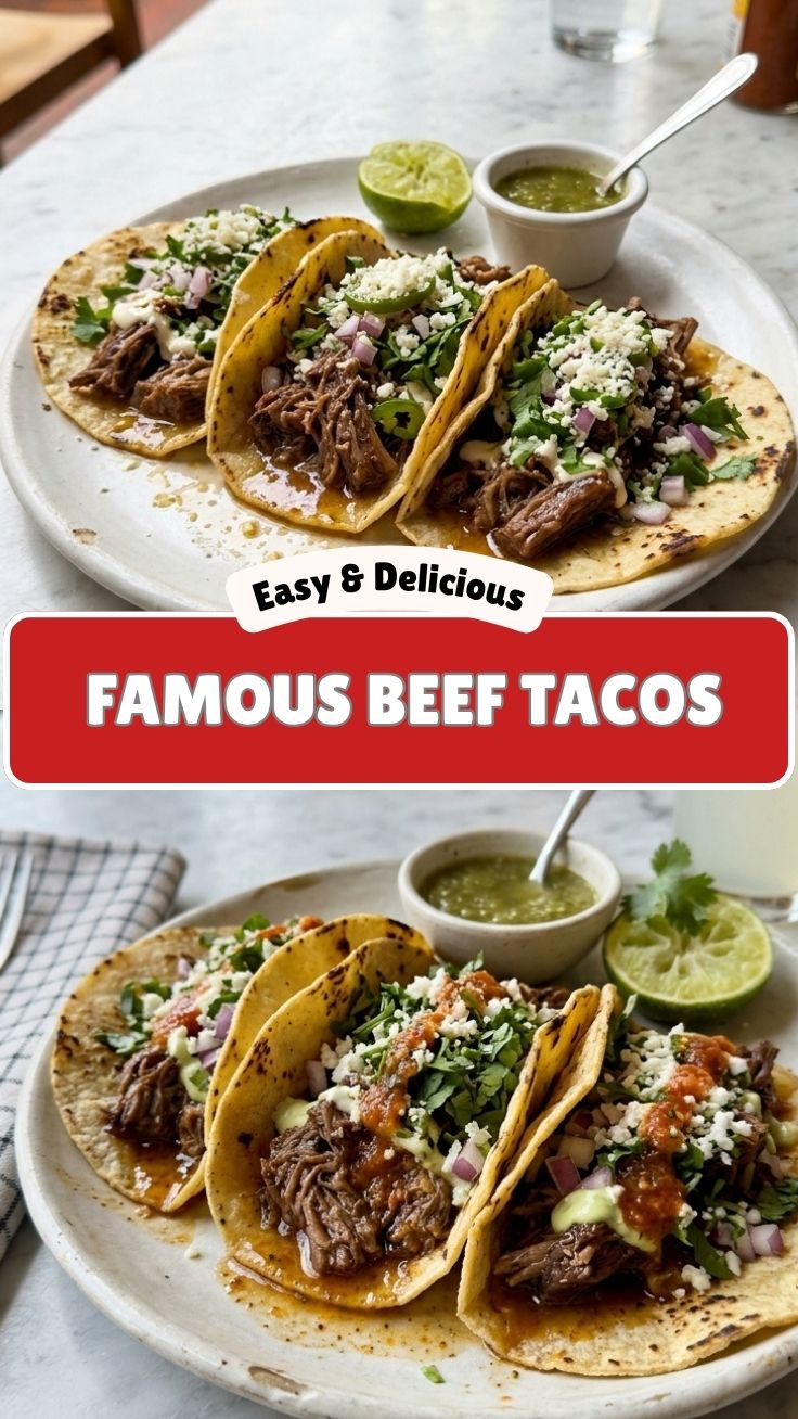 Close-up of three beef tacos with fresh toppings