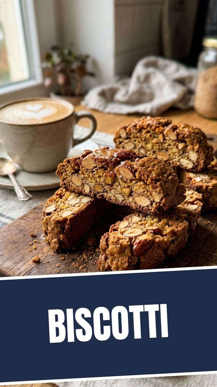 A close-up of crunchy Italian almond biscotti, perfectly baked.