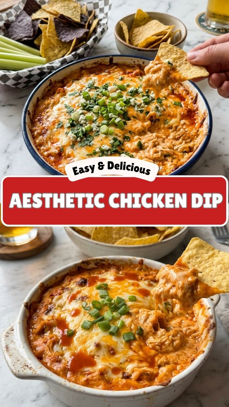 A hot and cheesy buffalo chicken dip in a baking dish, ready to serve.