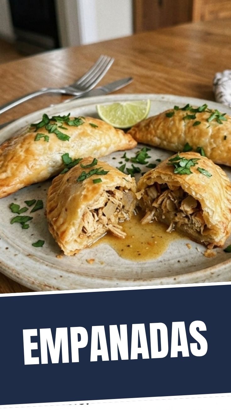 A plate of freshly baked chicken empanadas, golden brown and savory.
