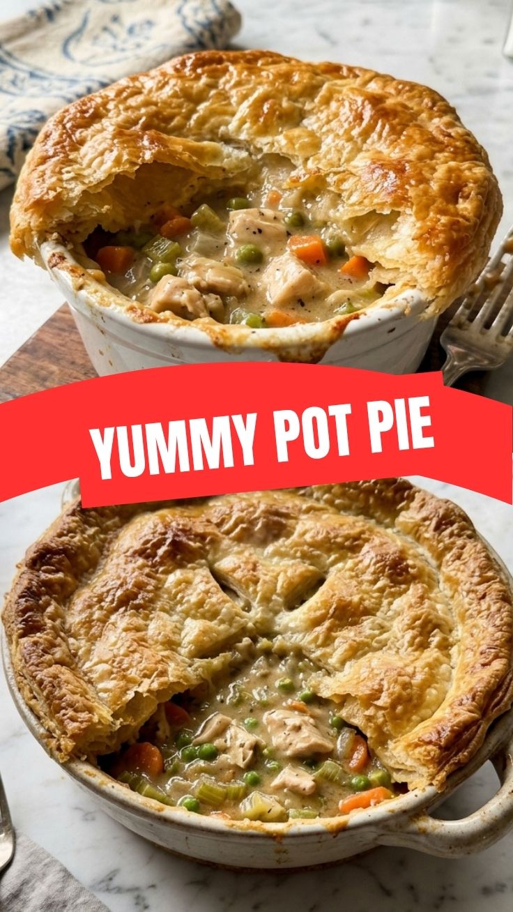 A golden-crusted chicken pot pie fresh from the oven, served in a rustic dish.