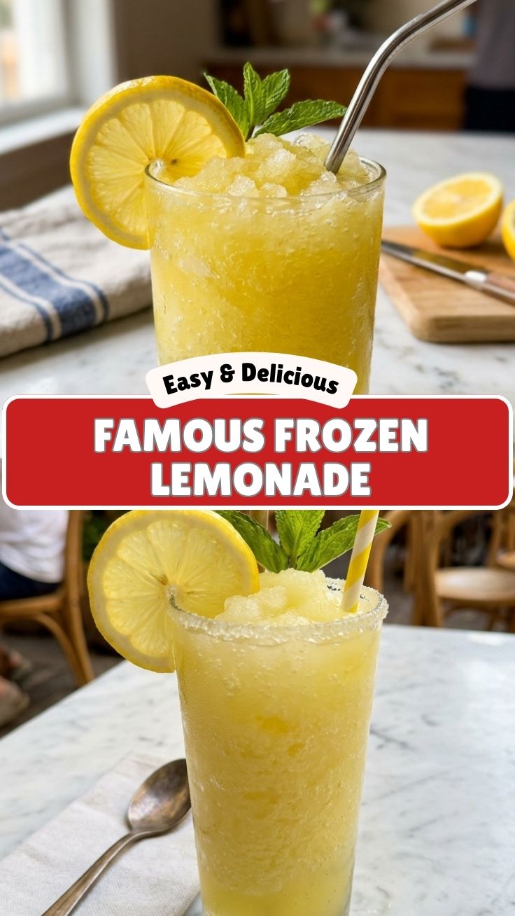A tall glass of ice-cold frozen lemonade, perfect for summer.