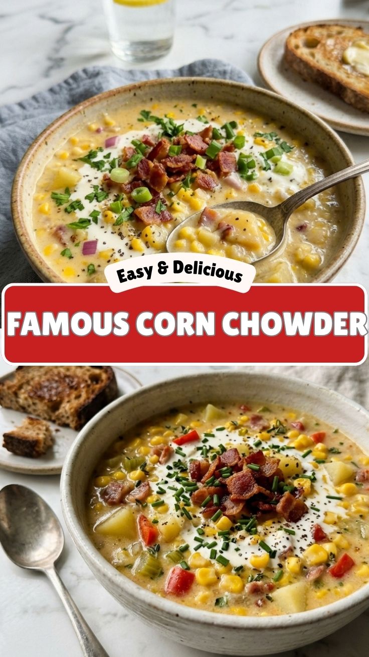A steaming bowl of hearty corn chowder, ready to eat