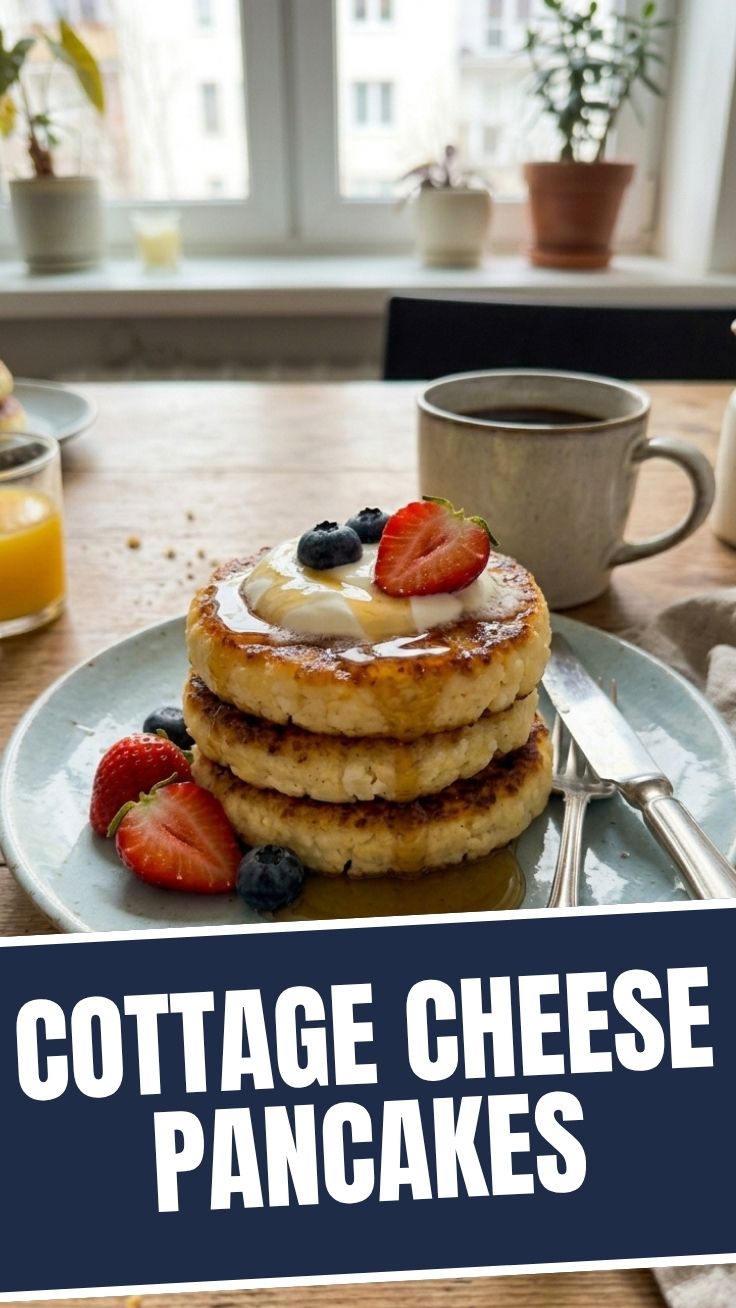 A stack of fluffy cottage cheese pancakes dusted with powdered sugar.