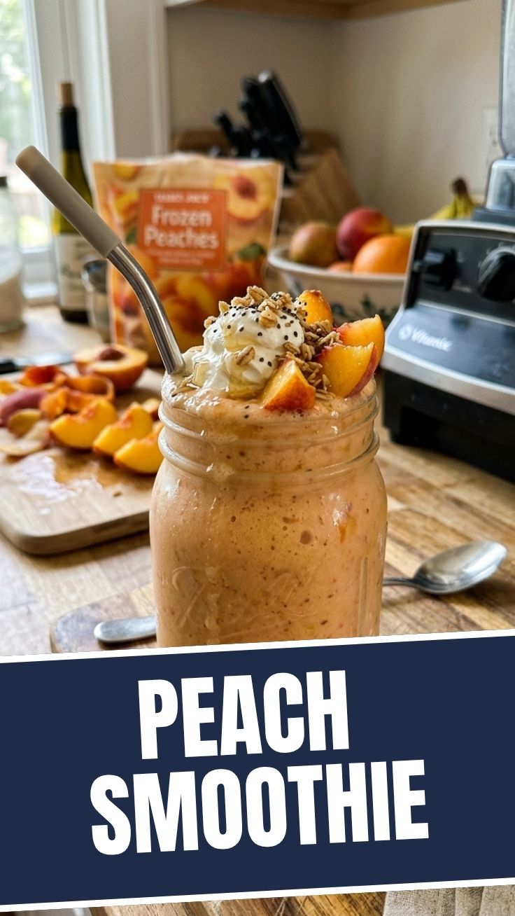 A vibrant peach smoothie in a clear glass with fresh peach slices for garnish.